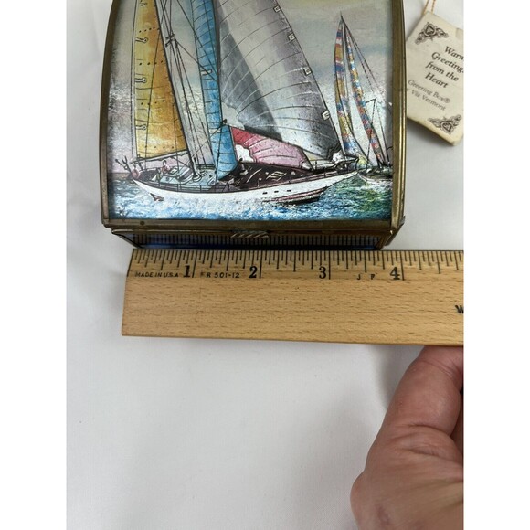 Vtg Via Vermont Sailboat Jewelry Trinket Box Cobalt Blue Glass Mirrored Brass - Picture 11 of 12